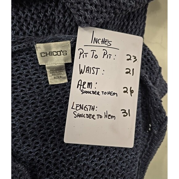 Blue Open Knit Hooded Sweater V Neck Womens Chicos 3 XXL Stretch Coastal Crochet - Picture 5 of 7